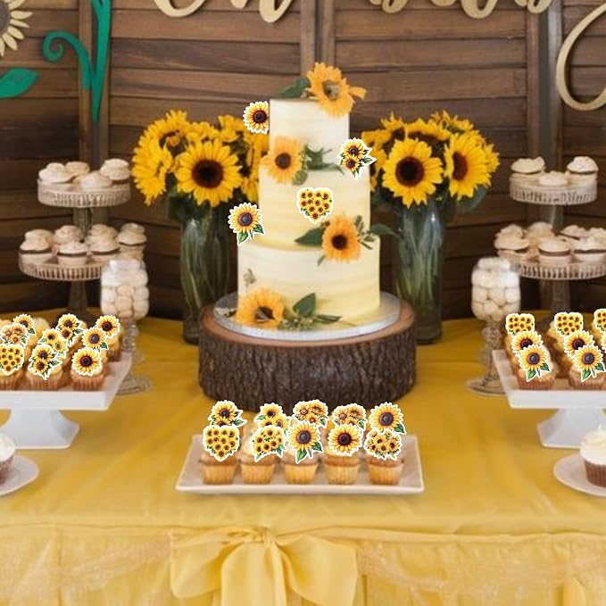 63 PCS Edible Sunflower Cupcake Toppers Wafer Paper Flower Party Cake Toppers Decorations Edible Sunflower Cupcake Picks for Baby Shower Wedding Birthday Party Cake Decorations Supplies