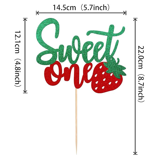 1 PCS Strawberry Sweet One Cake Topper Fruit Theme 1st Birthday Cake Pick Baby Shower Strawberry Cake Decoration for Baby Shower Kids First Birthday Anniversary Party Decorations Supplies Green Red