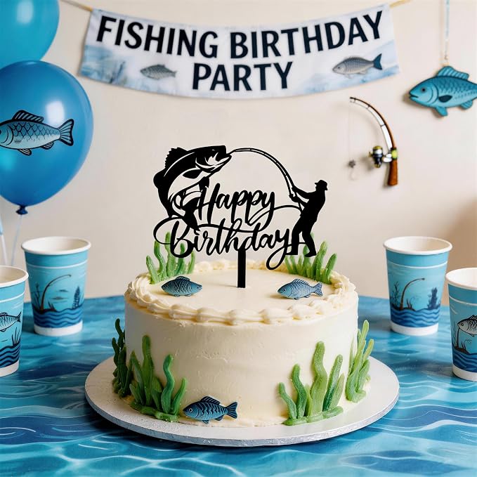 Fishing Happy Birthday Cake Topper, Large Mouth Bass & Fish Rod Silhouette Acrylic Cake Pick, Gone Fishing Themed Cake Decoration for Angler Dad Grandpa Fisherman Birthday Party Supplies