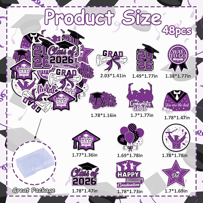 48pcs Edible 2026 Graduation Cupcake Toppers Wafer Paper Purple Class of 2026 Cake Decorations Edible Congrats Grad Cupcake Picks for 2026 Graduation Theme Party Cake Supplies