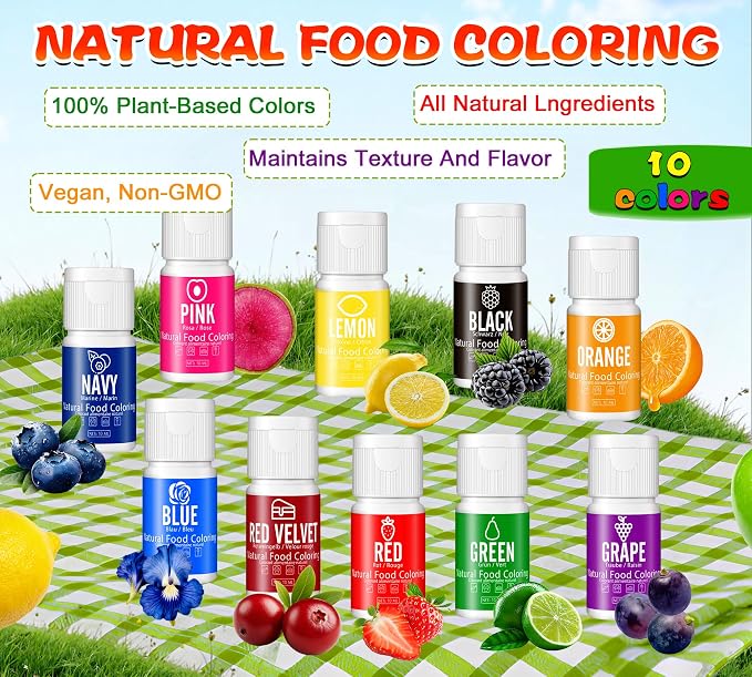 Natural Food Coloring - 10ml x 10 Vibrant Liquid Food Dye for Baking and DIY, FD&C & Artificial Dye-free, Organic, Gluten-free, Vegan, Halal, 100% Plant Based Food Coloring for Frosting, Cake Decor