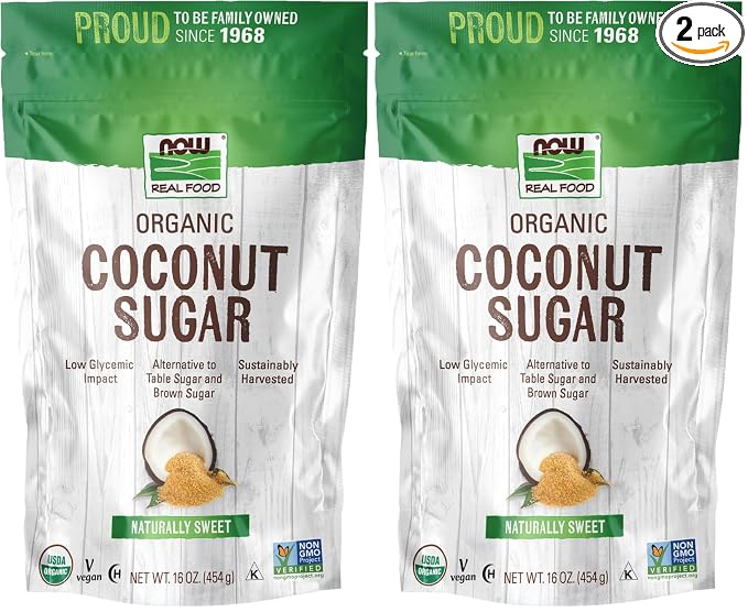 NOW Foods, Certified Organic Coconut Sugar, Alternative to Table Sugar, Low Glycemic Impact, from Sustainably Harvested Coconuts, Certified Non-GMO, 16-Ounce (Packaging May Vary) (Pack of 2)