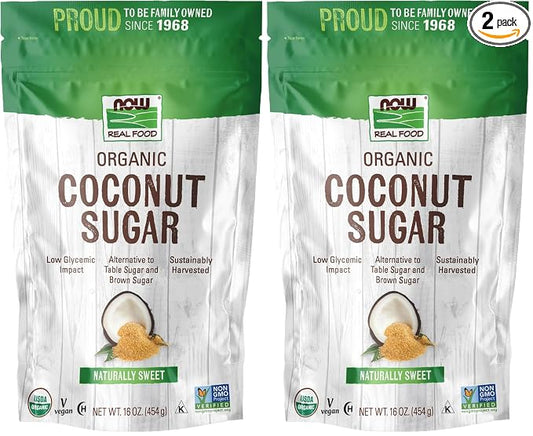 NOW Foods, Certified Organic Coconut Sugar, Alternative to Table Sugar, Low Glycemic Impact, from Sustainably Harvested Coconuts, Certified Non-GMO, 16-Ounce (Packaging May Vary) (Pack of 2)