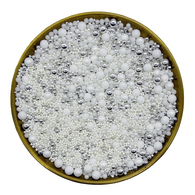 Edible White & Silver Sugar Pearls Sprinkles Candy Mix Size Pearls Cake Decorations Cupcake Toppers Decorating Perfect for Wedding Party Valentine Supplies 4.58OZ