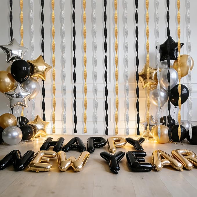AOYOO Crepe Paper Streamers, 6 Rolls Black Gold and Silver Party Streamers, Premium Black and Gold Party Decorations for Birthday, New Years Eve, Wedding and Graduation Supplies