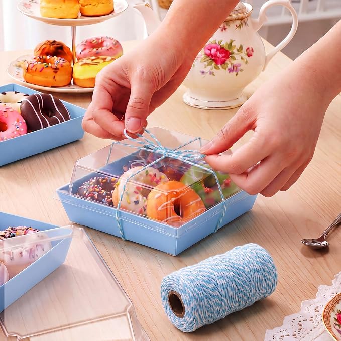 Jetec 50 Pack Charcuterie Boxes with Clear Lids and Rope 4 Inches Cake Disposable Square Dessert Food Box Containers with Lids for Bakery Macaron Cookies Strawberries Fruits Display (Blue)