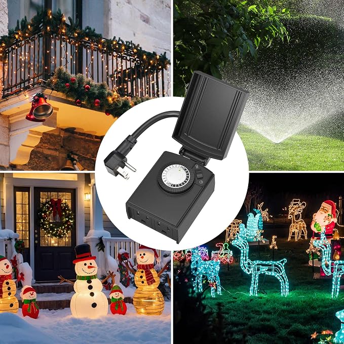 BN-LINK 24 Hour Heavy Duty Mechanical Timer, Outdoor Timer Outlet Waterproof with 30 Minutes Intervals, 2 Grounded Outlets for Christmas Lights Pool Pump,15A 1/2HP, ETL Listed（4 Pack）