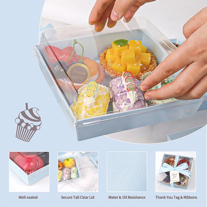 7 x 7 x 2.6 Inches Large Charcuterie Boxes with Clear Lids, 50 Pack Disposable Square Kraft Bakery Boxes, To Go Paper Food Container for Cake Slices, Sandwiches, Cookies, Dessert (Blue)