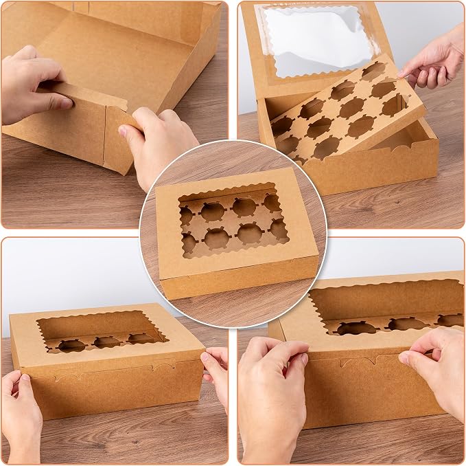 Hoewina 12PCS Cupcake Boxes - Hold 12 Count Cupcake Containers with Window, Food Grade Cupcake Holder Easy Transport and Presentation - Ideal for Cupcakes, Desserts, and More (Brown)