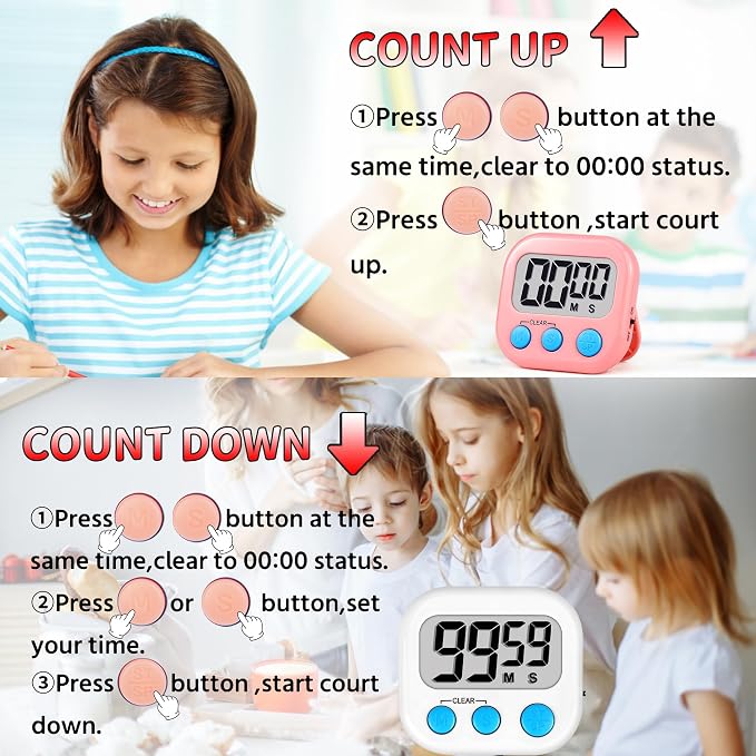 Timer for Kids Teachers Digital Kitchen Timers for Cooking Large Magnetic Classroom Timer 12Pack-White Pink