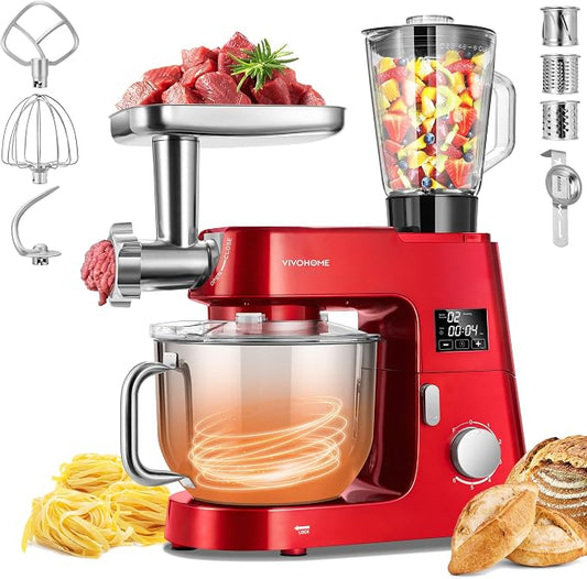 VIVOHOME 9 in 1 Multifunctional Stand Mixer with Fermentation, 6 Speed 7.5 Quart Kitchen Electric Food Mixer with Timer, Meat Grinder, Juice Blender, Vegetable Slicer, Pasta and Cookie Maker, Red