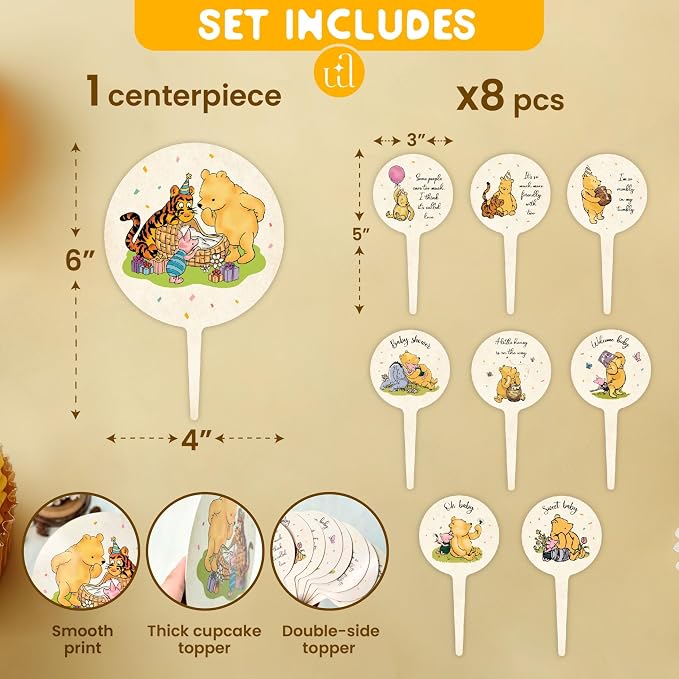 Woodamore Pooh Cupcake Toppers Birthday Decorations - Pooh Bear Baby Shower Cupcake Toppers, Cup Cake Topper For Pooh Baby Shower Decorations Ideas