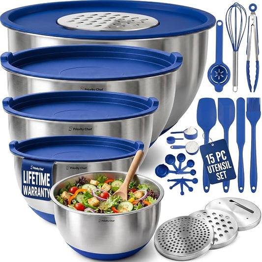 Priority Chef Stainless Steel Mixing Bowls with Lids Set, Metal Nesting Bowls with Airtight Lids, Graters, Non-Slip Base & Measurement Marks, Includes Utensil Set for Prep, Baking & Storage, Blue