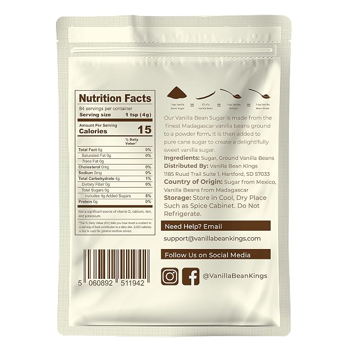 Organic Vanilla Bean Sugar - Made with Real Madagascar Vanilla Pods & Pure Cane Sugar - for Cooking, Baking, & Additional Flavoring - A Sweet Substitute for Extract, Paste, and Beans - 12 OZ