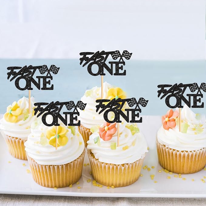 Ercadio 24 Pcs Fast One Cupcake Toppers Glitter Black Fast One Check Flag Cupcake Picks Race Car Party Birthday Cake Toppers Funny Racing Birthday Party Decoration Supplies