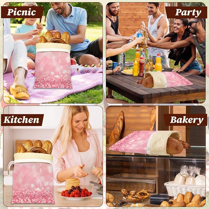 Beeswax Bread Bags, 2 Pack for Homemade Bread and Sourdough Storage | Pink Glitter, Reusable Polyester Bread Storage With Beeswax Coating And Snap Closures