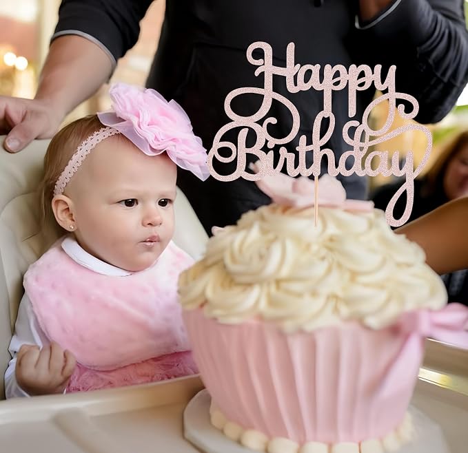 Happy Birthday Cake Topper - Rose Gold Glitter Birthday Party Cake Decoration Supplies, Photo Booth Props