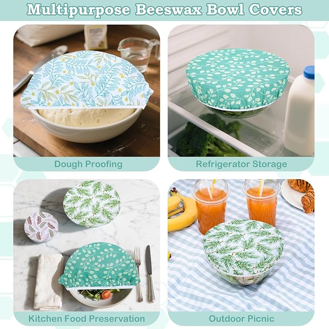5-Size Reusable Beeswax Bowl Covers for Bread Proofing, Cotton Cloth Flexible Beeswax Wraps for Food Storage(Green Leaves)