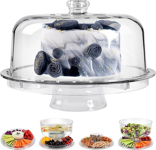 Cake Stand with Acrylic Dome Cover, 6-In-1 Multi-Purpose Cake Stand with Lid, 12.2", Acrylic Cake Stand, Veggie Platter, Salad Bowl, Dessert Platter, Punch Bowl, BPA Free