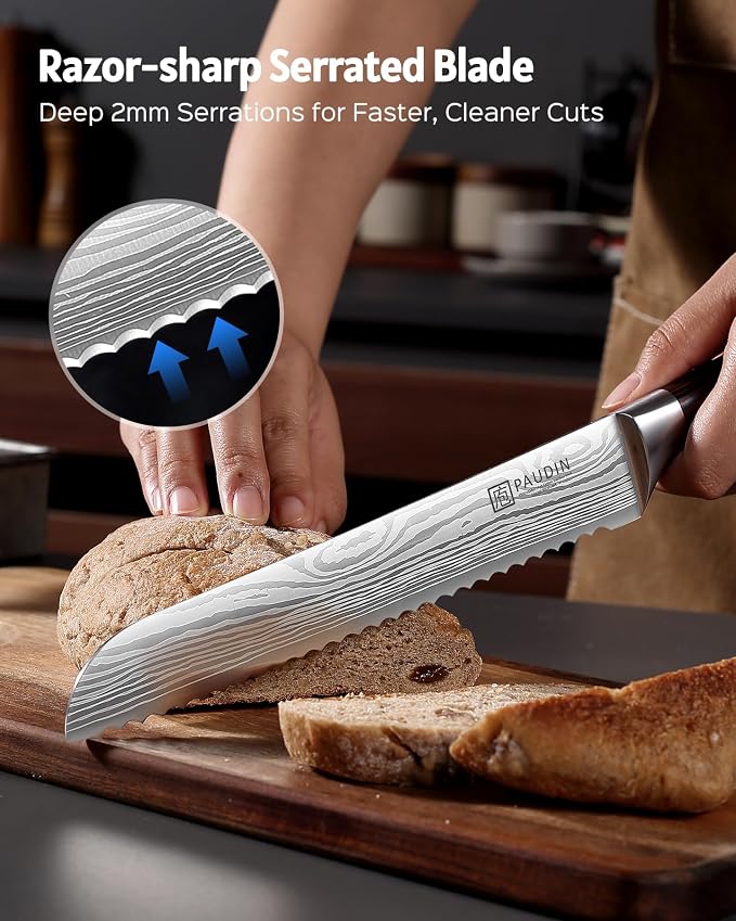 PAUDIN Bread Knife 8", Ultra Sharp Wave Edge - Forged Premium German HC Stainless Steel, Serrated Bread Knife for Homemade Bread and Sourdough Bread, Pakkawood Handle