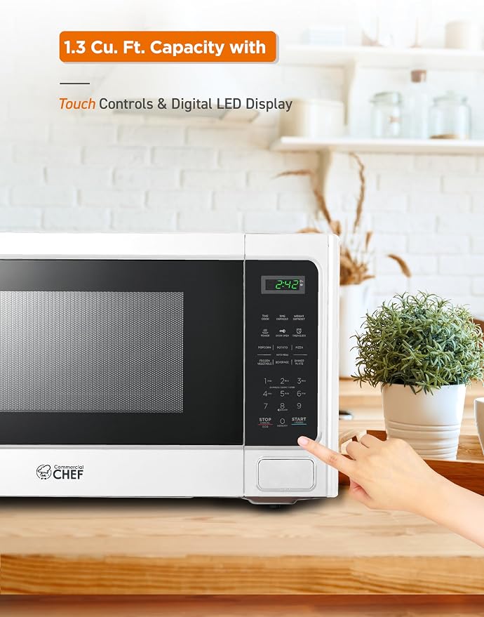 COMMERCIAL CHEF Microwave 1.3 Cu Ft with 10 Power Levels, Microwave with Push Button Door Lock, 1000W Countertop Microwave with Timer and Digital Controls, White