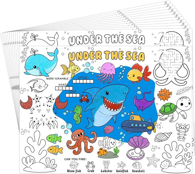 45pcs Under The Sea Disposable Coloring Placemats Ocean Crafts for Kids Party Favors Coloring Poster Classroom Activities Birthday Party Supplies Paper Table Mats