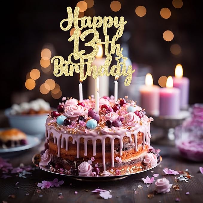 Gyufise 1Pc Happy 13th Birthday Cake Topper Glitter 13 & Fabulous Official Teenager 13 Birthday Cake Pick for Celebrating 13th Birthday Anniversary Party Cake Decorations Supplies Gold