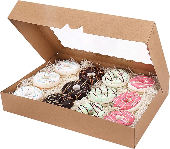 Tcoivs 20-Pack 16" x 11" x 2.5" Bakery Boxes with Window Hold 12 Donuts, Auto-Popup Large Cookie Boxes for Pies, Cakes, Muffins, and Pastries (Brown)