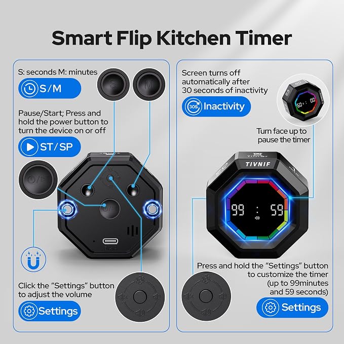Visual Timer for Kids Kitchen Timer Pomodoro Magnetic Visual Countdown | Smart Gravity Sensing Timer with Large Display Loud Alarm for Study Cooking Classroom Homework Time Management