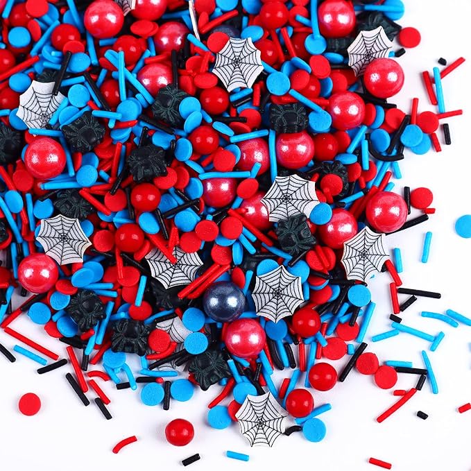 85g Edible Spider Sprinkles, Superhero Cake Decorating, Red and Blue Jimmies and Sugar Pearl for Themed Toppers, Birthday, Children's Party Supplies 3oz