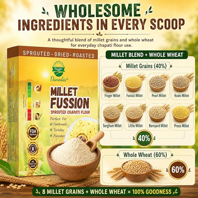 Danodia Foods Organic Sprouted Chapati & Bread Flour, 2 lb Pack | Multigrain atta blend for roti, chapati, paratha, flatbread and everyday bread baking; Gluten-Free; Indian pantry recipes