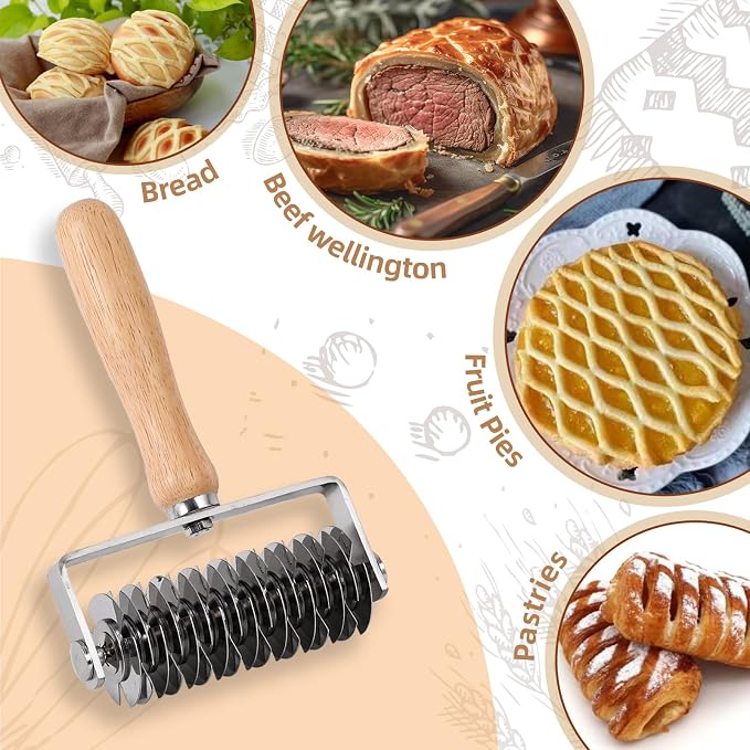 Pastry Lattice Roller Cutter, Stainless Steel Lattice Dough Cutter Wood Handle, Professional Pastry Crust Cutter, Household Time-Saver Cutting Tool Pie Bread Beef Wellington Pizza