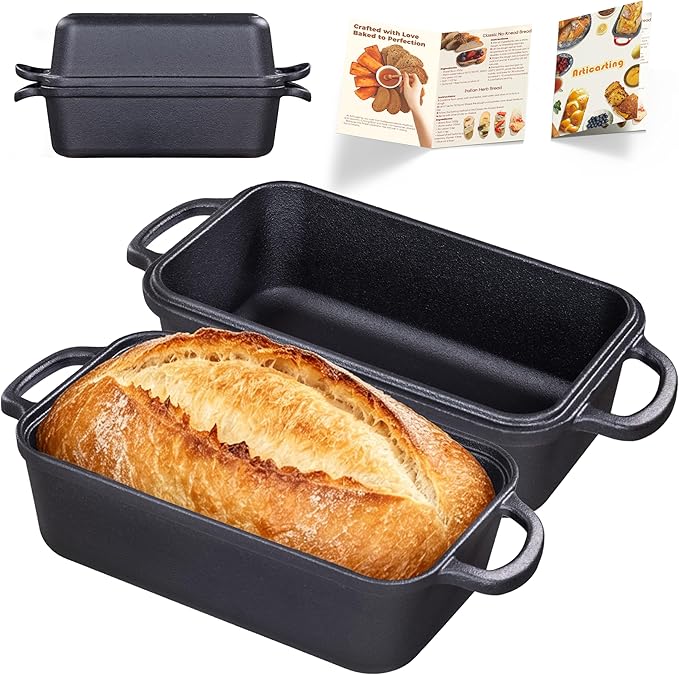 Cast Iron Loaf Pan with Lid 9×5 Inch, Bread Baking Pans, Even Heat Distribution for Sourdough, Pre-Seasoned Dutch Oven Loaf Pan for Homemade Bread