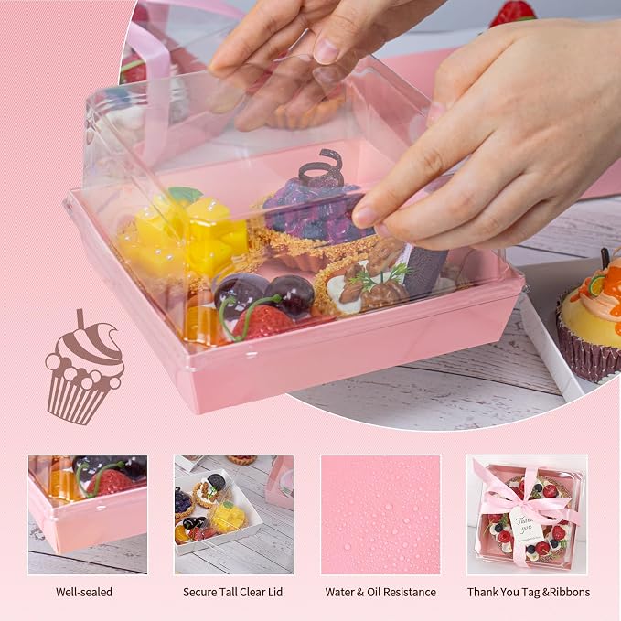 7 x 7 x 4 Inches Paper Cake Boxes with Clear Lids, 50 Pack Pink Large Charcuterie Square Food Containers, Valentine's Day Disposable Bakery Boxes for 4-6 Inch Bundt Cake, Pie, Dessert