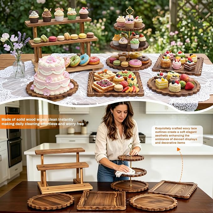 Set of 6 Wooden Dessert Table Display Set, Tiered Cupcake Stand & Serving Trays, 3-Tier Cupcake Tower, Round/Flat Platter, Cake Stand, Rotating Tray for Wedding, Party, Birthday