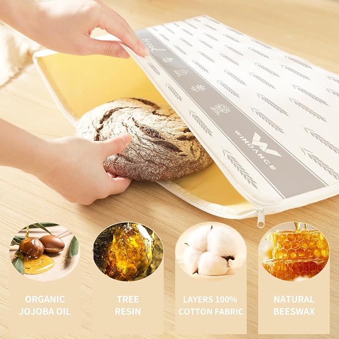 WiNDANCE 2 Pack Beeswax Bread Bags with Zipper, XL(13x17in) Sourdough Bread Storage for Homemade, Freezer Storage Bag to Keep Fresh, Cotton Beeswax Container, Baguette Bag with Liner Kitchen Baking
