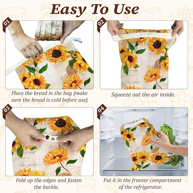Bread Bags for Homemade Bread, Vintage Sunflower Yellow Flower 2 Pack Linen and Beeswax Sourdough Storage Bags, Reusable Keeper, Keeps Breads Fresh Longer, Gifts for Bakers