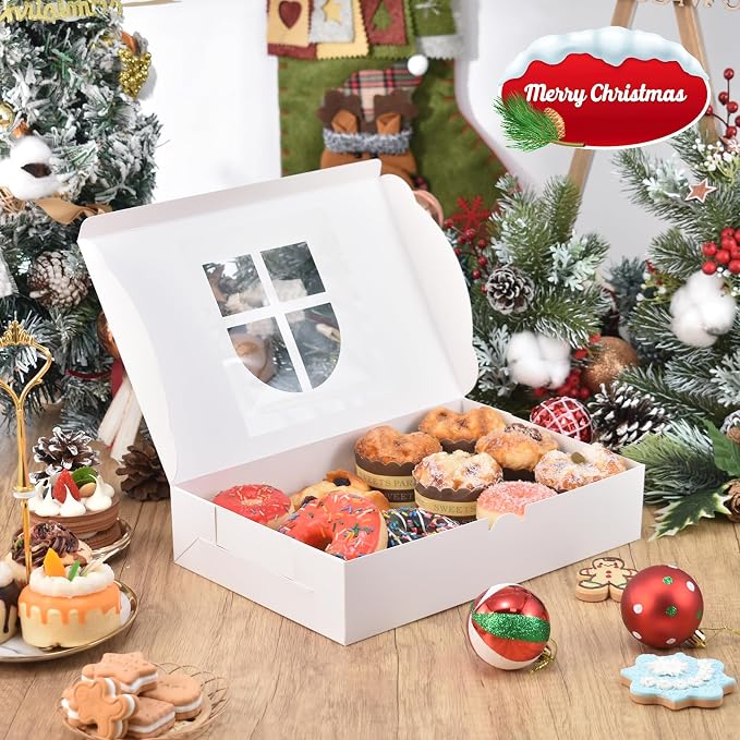 COTOPHER 18Pcs Christmas Cookie Boxes with Window, 12x8x2.5 inch White Bakery Boxes for Gift Giving, Kraft Treat Boxes Dessert Boxes for Cakes Donuts Chocolate Strawberries Pastries Muffins