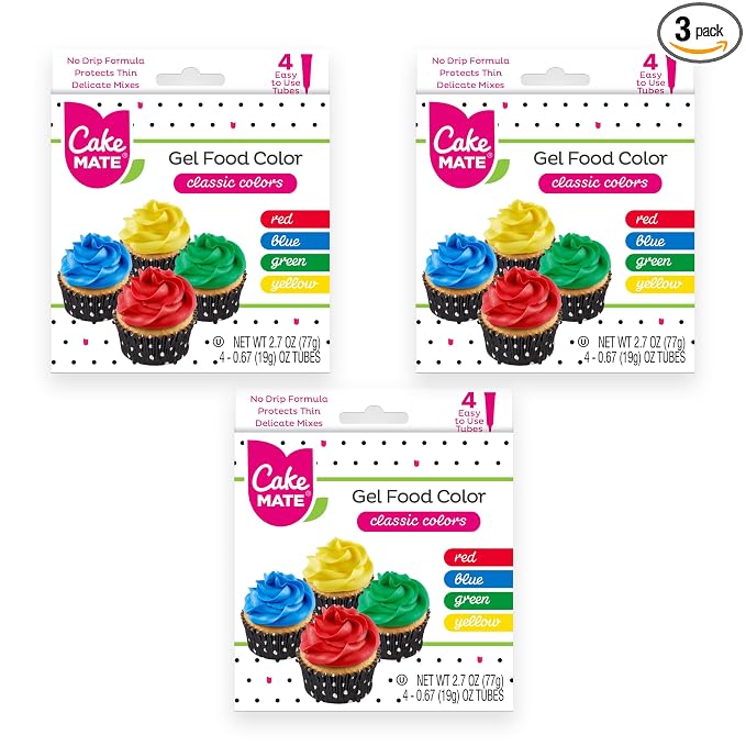 Cake Mate 3 Pack Gel Food Coloring Set – Blue, Red, Green, Yellow (0.67 oz per Gel Tube) – Perfect for Cookie, Cake, Cupcake & Dessert Decorating, Total 8.1oz