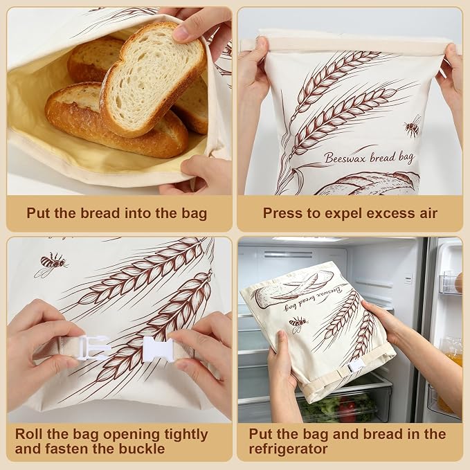 2-Pack Beeswax Bread Bags & 3 Wraps for Sourdough & Homemade – Fold Buckle | Natural cotton, 17x13 in bag with roll & buckle. Includes 3 wraps S/M/L. Reusable, freezer safe, washable, keeps bread fresh.