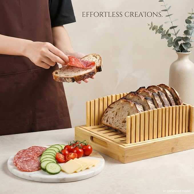 10.5" Bamboo Bread Slicer for Homemade Bread - Sourdough Slicing Guide with Crumb Catcher & Stable Mortise-Tenon Structure