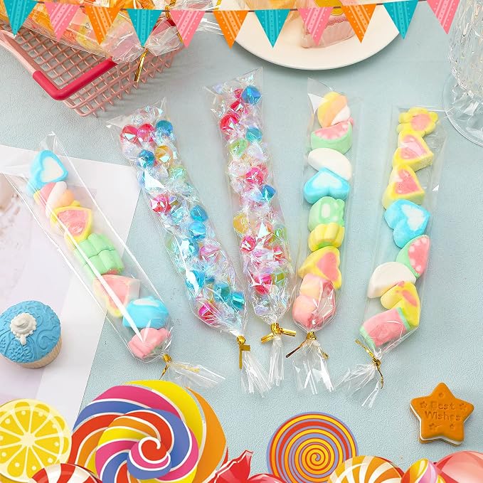 Augshy Pretzel Rod Bags,300 Pcs 2x10 Clear Treat Bag with Sea for Packaging | Individual,Plastic Bag with 300 Twist Ties,Self Adhesive Resealable for Lollipop Candy Chocolate Cookie Wrapping Buffet