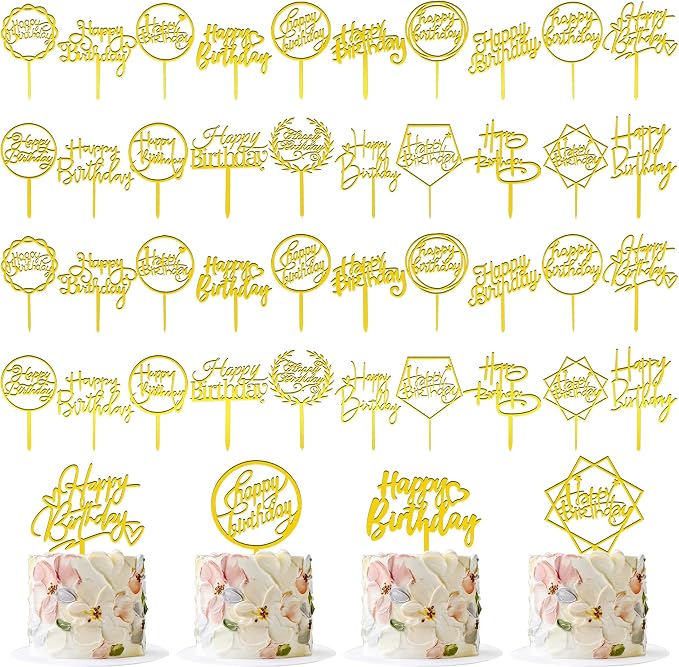40 PCS Gold Happy Birthday Cake Topper Acrylic Birthday Cupcake Topper Cake Pick Decorations for Birthday Party Cake Desserts Pastries 20 Styles