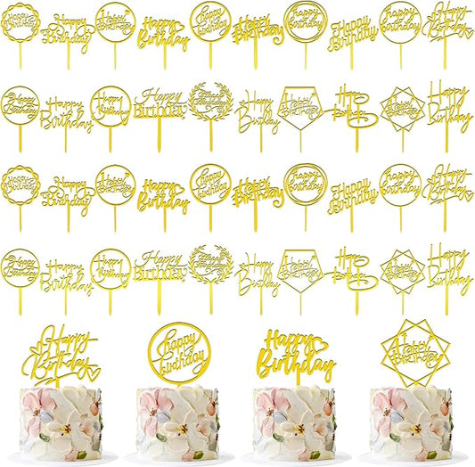 40 PCS Gold Happy Birthday Cake Topper Acrylic Birthday Cupcake Topper Cake Pick Decorations for Birthday Party Cake Desserts Pastries 20 Styles