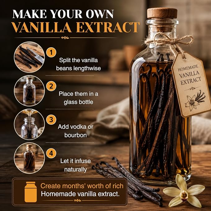 25 Organic Vanilla Beans Grade A 5-6 Inch Whole Pods for Homemade Extract, Baking & Brewing | Moist & Plump | Non-GMO, Gluten-Free
