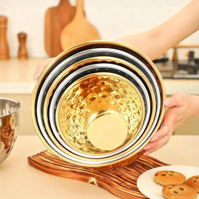 5-Piece Multicolor Stainless Steel Mixing Bowls (4.9/4.2/3.2/2.1/1.6QT), Hammered Design Nesting Metal Mixing Bowl Set for Kitchen, Baking, Cooking, Salad and Home Decor, Dishwasher Safe
