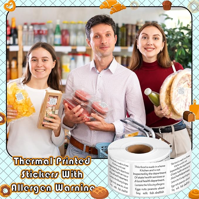 500 Count Cottage Food Law Labels Stickers Made in a Home Kitchen Decal 1.5” Square Food Thermal Printed Stickers with Allergen Warning for Home Kitchen Bakery Bread Sourdough