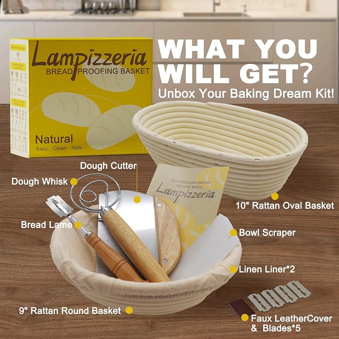 Round & Oval Rattan Banneton Basket Gift Kit with Accessories - Sourdough Bread Proofing Supplies (9" & 10", Liners, Scrapers, Lame) Natural for Home Bakers