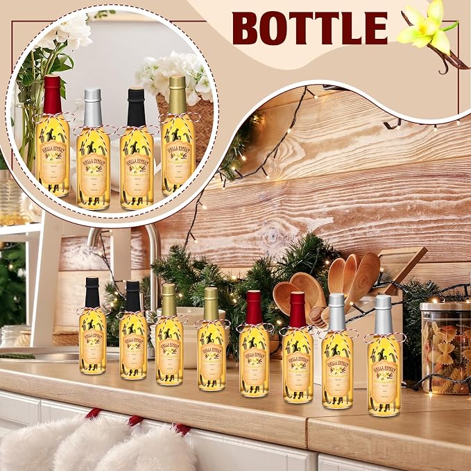 Tioncy 16 Pcs Empty Vanilla Extract Bottles for Homemade Vanilla Jar Glass Bottle with Cap, Shrink Band, Sticker DIY Crafts Wedding Gift Food Storage Canister for Bean(Multicolour,8.5 oz)
