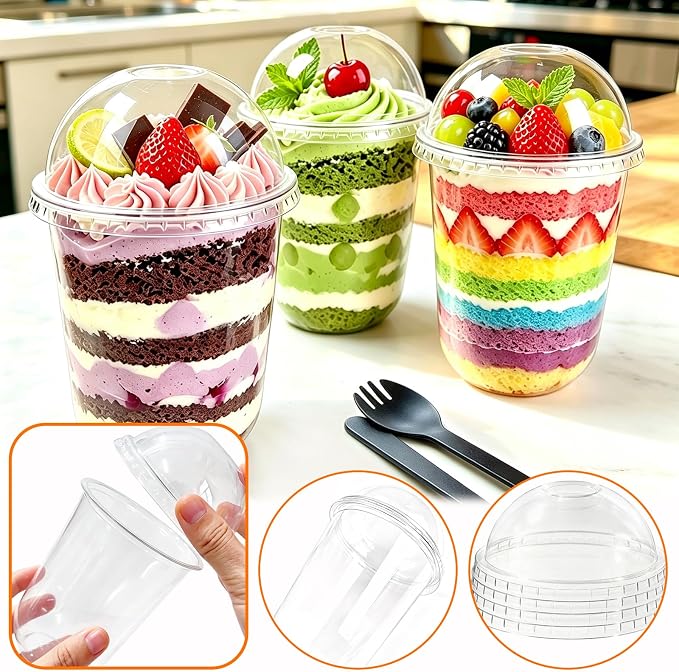 Jnnzzggu 100 Pack 16 oz Plastic Dessert Cups with Dome Lids (No Hole),Clear Disposable Ice Cream Cups with Sporks,Parfait Cups for Yogurt,Fruit,Pudding,Cakes,Dessert